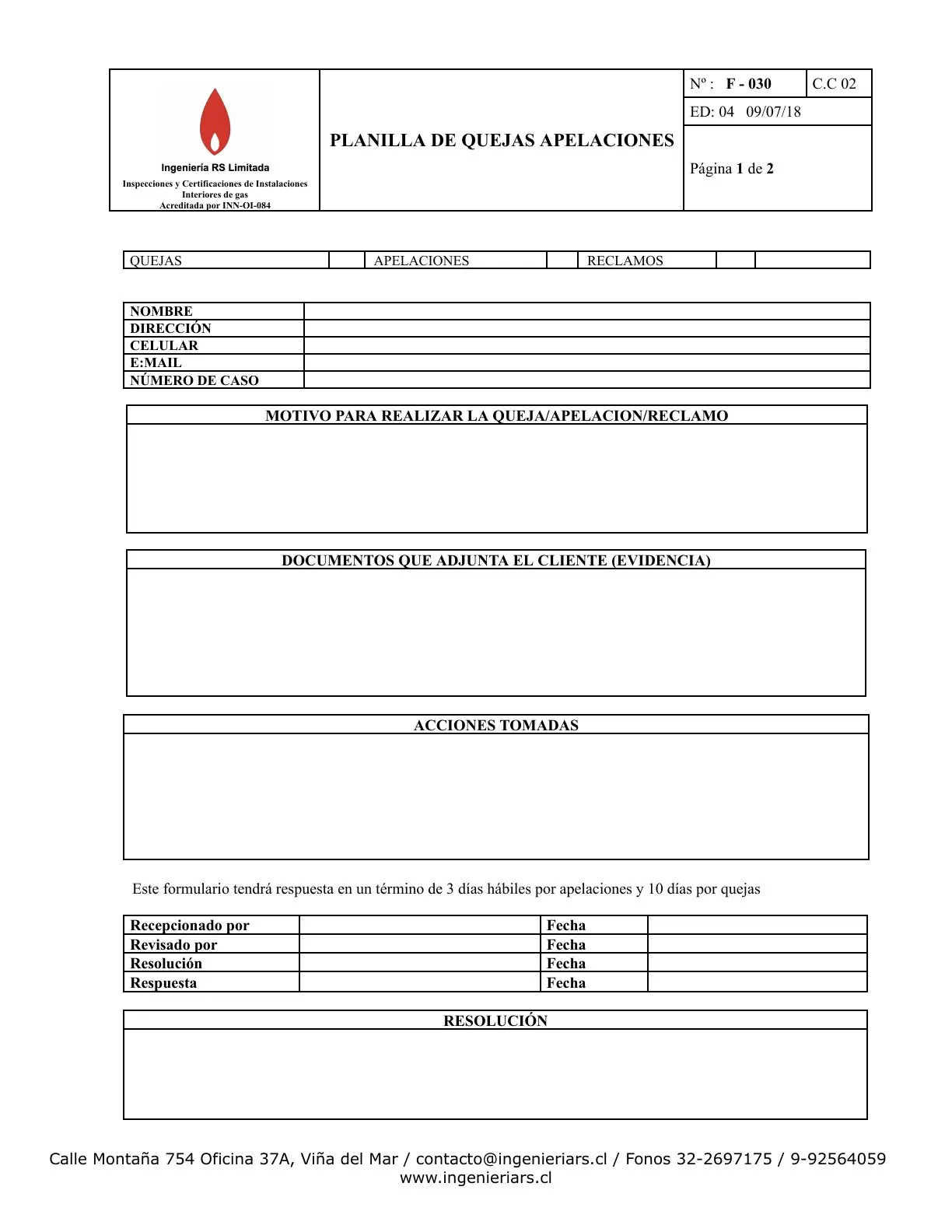 Primera hoja de la planilla F-030 de quejas, apelaciones y reclamos, en blanco: datos de quien reclama, motivo, documentos que adjunta, acciones tomadas y resolución.