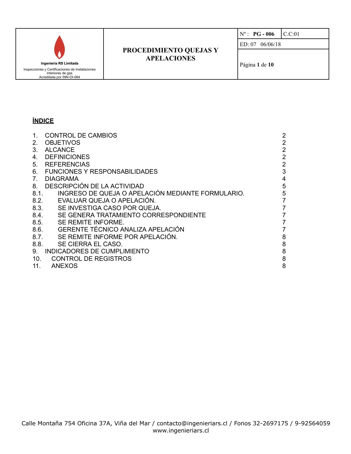 Primera hoja del procedimiento PG-006 de quejas y apelaciones de Ingeniería RS Limitada, con el índice: control de cambios, objetivos, alcance, definiciones, funciones y responsabilidades, diagrama, descripción de la actividad, indicadores y control de registros.